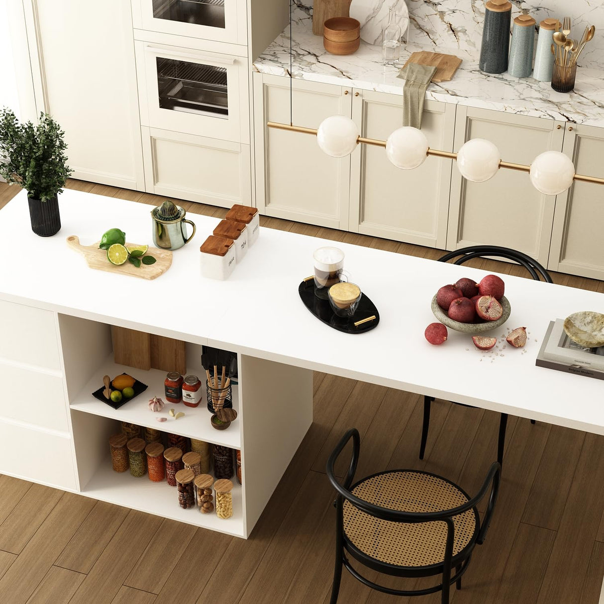 ECACAD 80.7" Kitchen Island with Storage, Wood Kitchen Prep Table White Stationery Storage Cabinet with 3 Drawers, Open Shelves & 2 Cabinets for Dining Room ECACAD