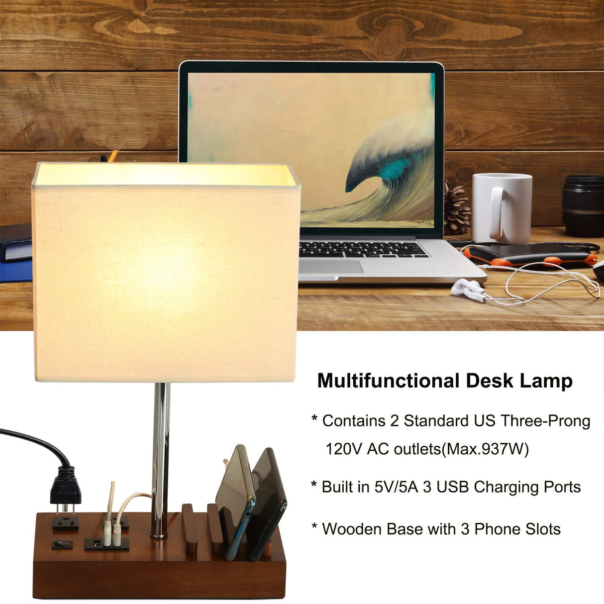 Briever USB Table Lamp, Multi-Functional Bedside Desk Lamp with 2 AC Outlets, 3 USB Charging Ports and Wooden Phone Stands, Modern Nightstand Lamp for Bedroom, Guest Room, Office Briever
