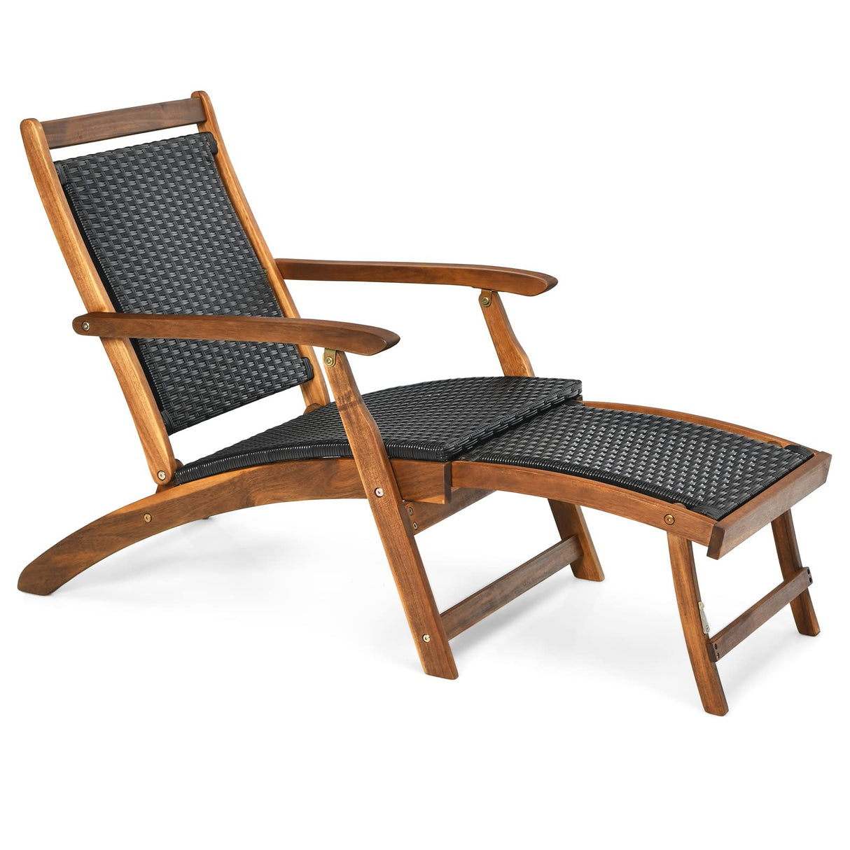 HAPPYGRILL Patio Chaise Lounge Chair with Retractable Footrest, Acacia Wood Lounge Chair, Rattan Wicker Folding Chaise Lounge, Collapsible Lounge Chair for Poolside Patio Garden Porch HAPPYGRILL