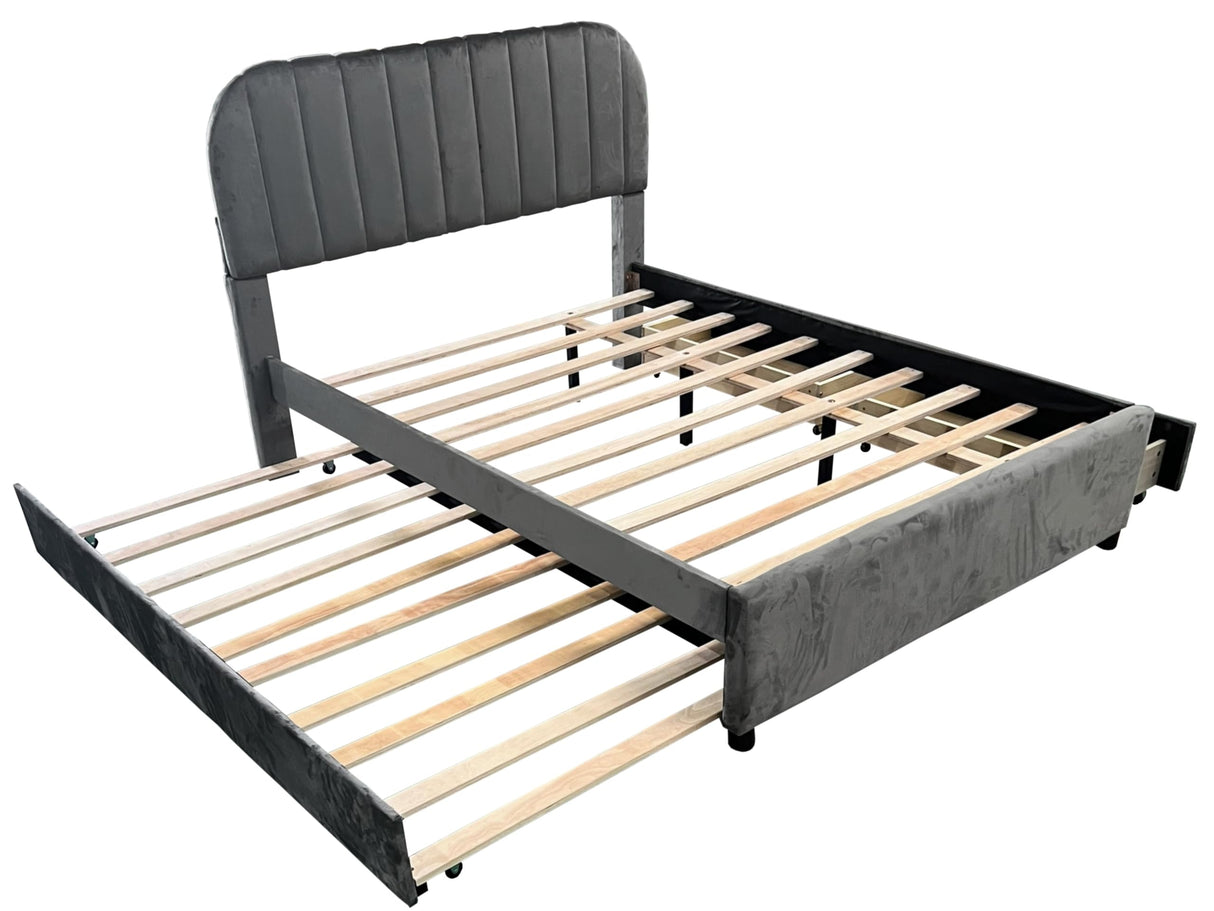 PVWIIK Upholstered Full Platform Bed with Trundle and Drawers for Bedroom, Living Room, Upholstered Soft Fabric Bedframe & Space Saving Design,No Box Spring Needed, Grey PVWIIK