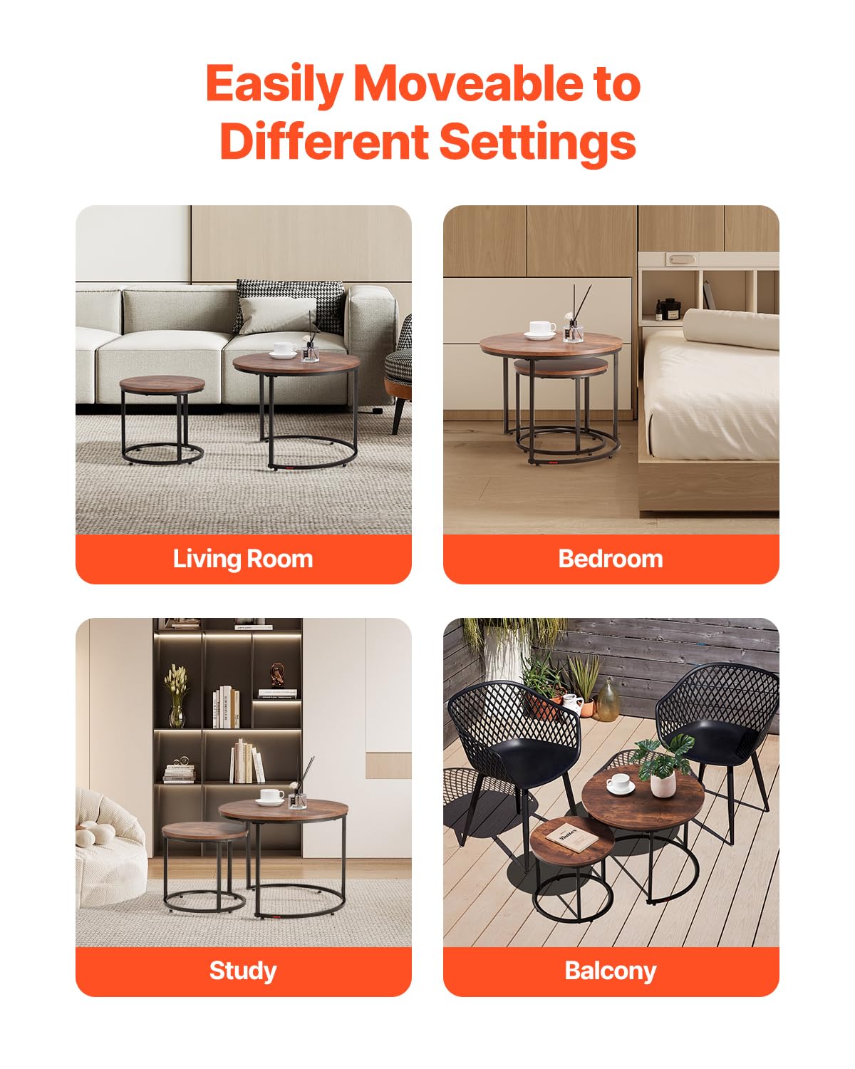 VEVOR Nesting Tables, Coffee Table Set of 2, 23.6 inch Round Coffee Table, Small Coffee Tables Night Stand with Metal Frame, for Living Room, Bedroom, Office (Brown & Black) VEVOR