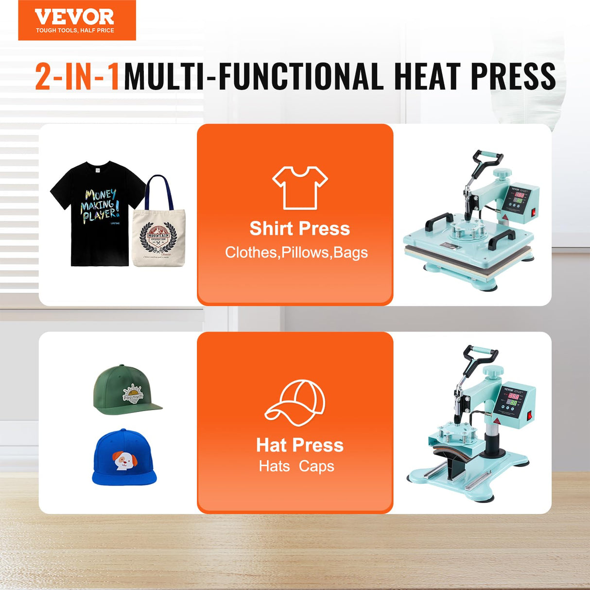 VEVOR 2 in 1 Heat Press Machine, Slide Out Tshirt Press Machine with Hat Press, 360° Swing Away Heat Transfer Machine Multifunction Combo for T-Shirt Hat Cap VEVOR