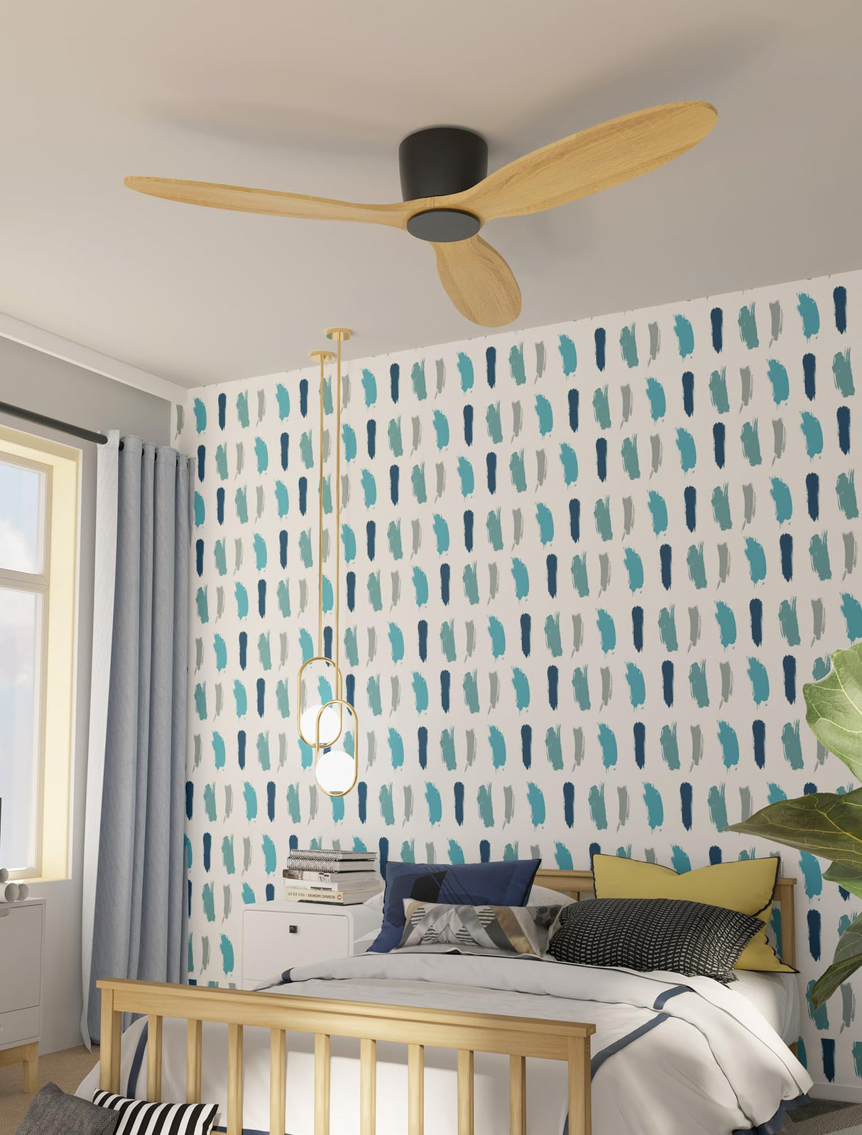 Flush Mount Ceiling Fan no light with Remote, 52 inch Low Profile Wood Ceiling Fan no light, Modern Ceiling Fan without light for Outdoor, Bedroom, Natural Wood and matte Black, DC Motor, 6 Speed OUATER