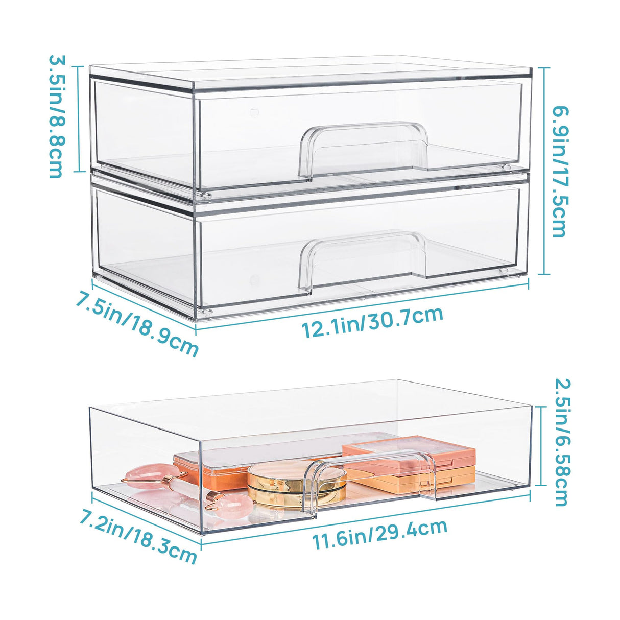 Vtopmart 12.1''W Clear Stackable Storage Drawers,2 Pack Acrylic Plastic Organizers Bins for Makeup Palettes, Cosmetics, and Beauty Supplies,Ideal for Vanity, Bathroom,Cabinet,Desk Organization Vtopmart