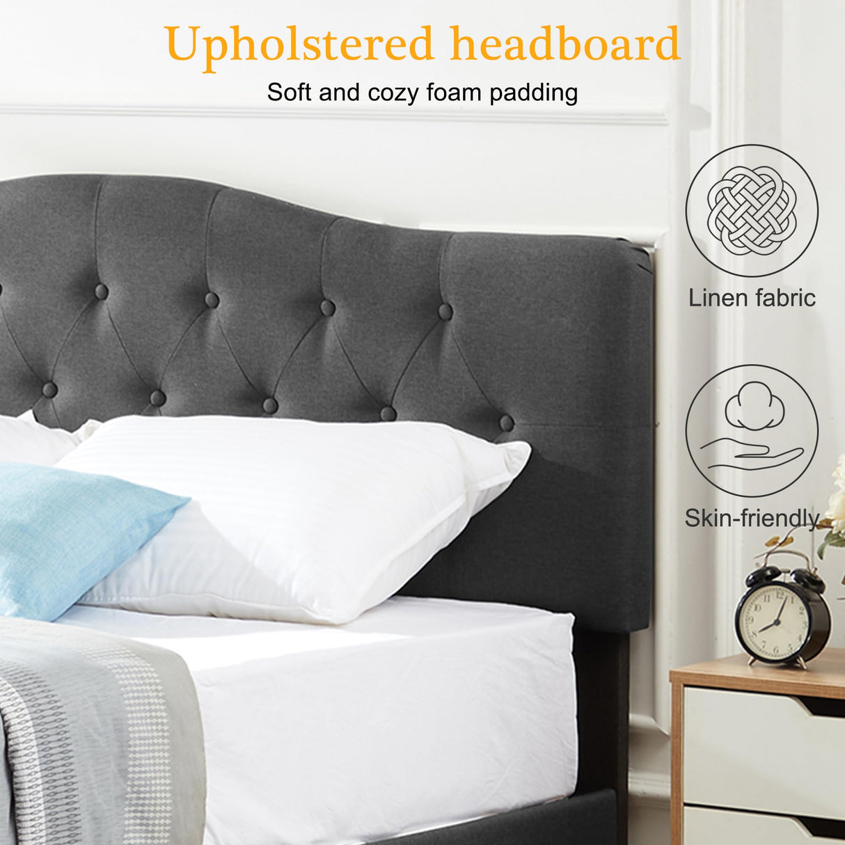 VECELO Full Size Bed Frame Upholstered Platform with Tufted Adjustable Headboard/Mattress Foundation Wood Slat Support/Easy Assembly,Grey VECELO