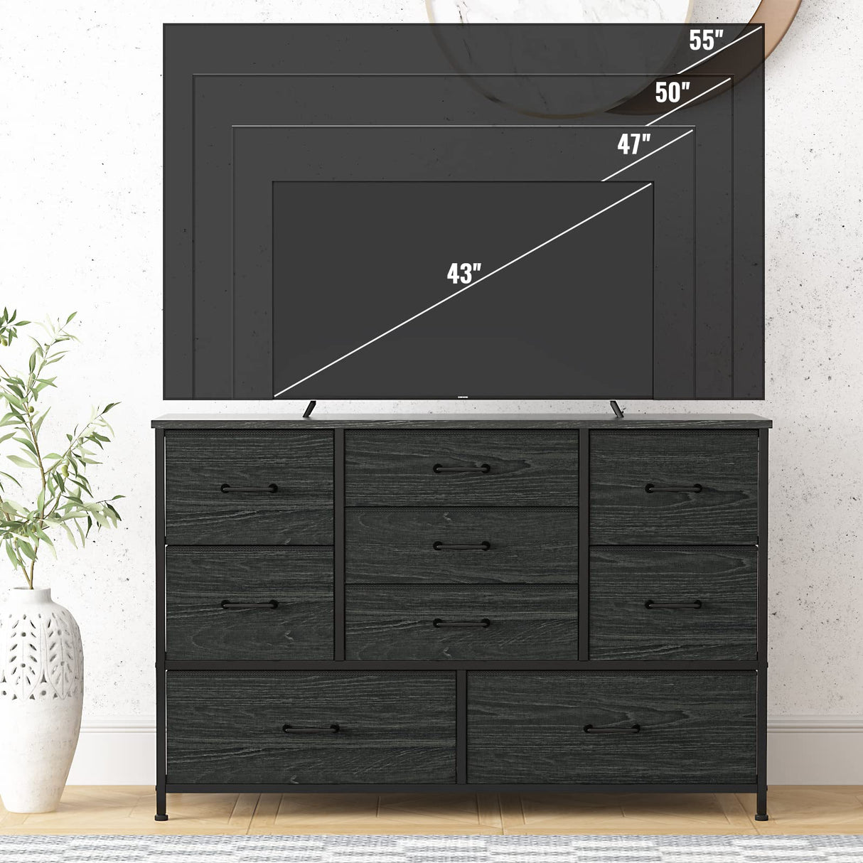 Furnulem Wide Dresser with 9 Large Drawers for 55'' Long TV Stand Entertainment Center,Wood Shelf Storage for Bedroom,Living Room,Closet,Entryway,Sturdy Metal Frame(Black Oak Furnulem