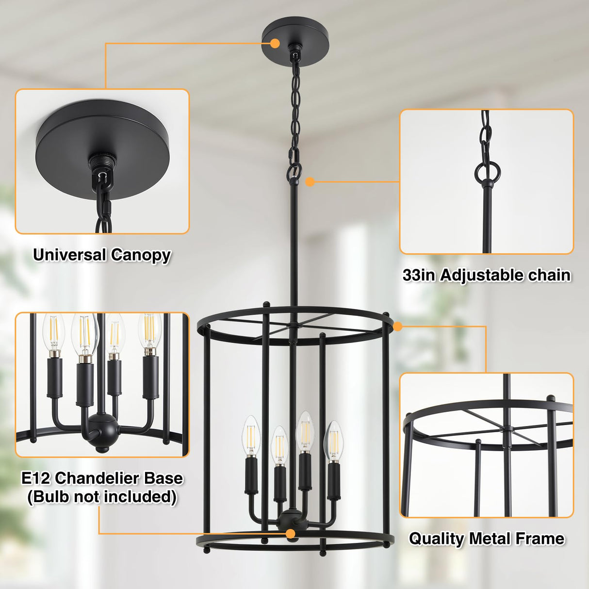 Luvkczc 4-Light Black Chandelier, Industrial Black Lantern Ceiling Light Fixtures with Rustic Metal Cage Adjustable Height Farmhouse Geometric Hanging Light for Kitchen Island, Dining Room, Entryway Luvkczc