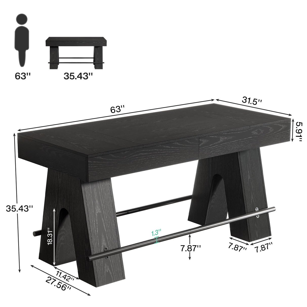 Tribesigns Bar Table, 63-Inch Bar Height Pub Table, Counter Height Table with Metal Footrest, Rectangular High Top Dining Counter Tables with Wood Base for Home Bar, Kitchen, Black Tribesigns