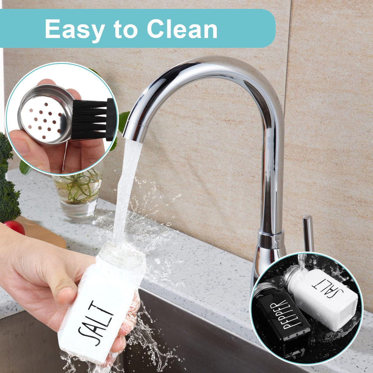 2 Pack Salt and Pepper Shakers Set, Glass Shaker with Stainless Steel Lid, Modern and Cute Farmhouse (Black and White) PECULA