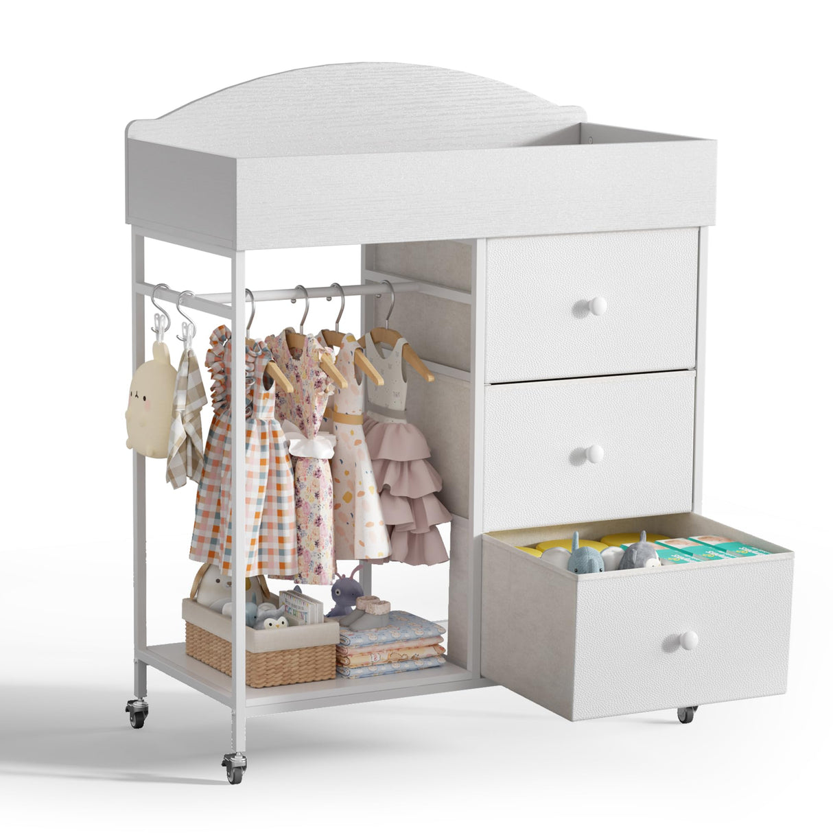 DTK Changing Table Dresser with Clothing Rack and Storage Shelf,3-Drawer Baby Dresser with Changing Table Top,Diaper Changing Station with Waterproof Pad,Mobile Dresser for Nursery,White DTK