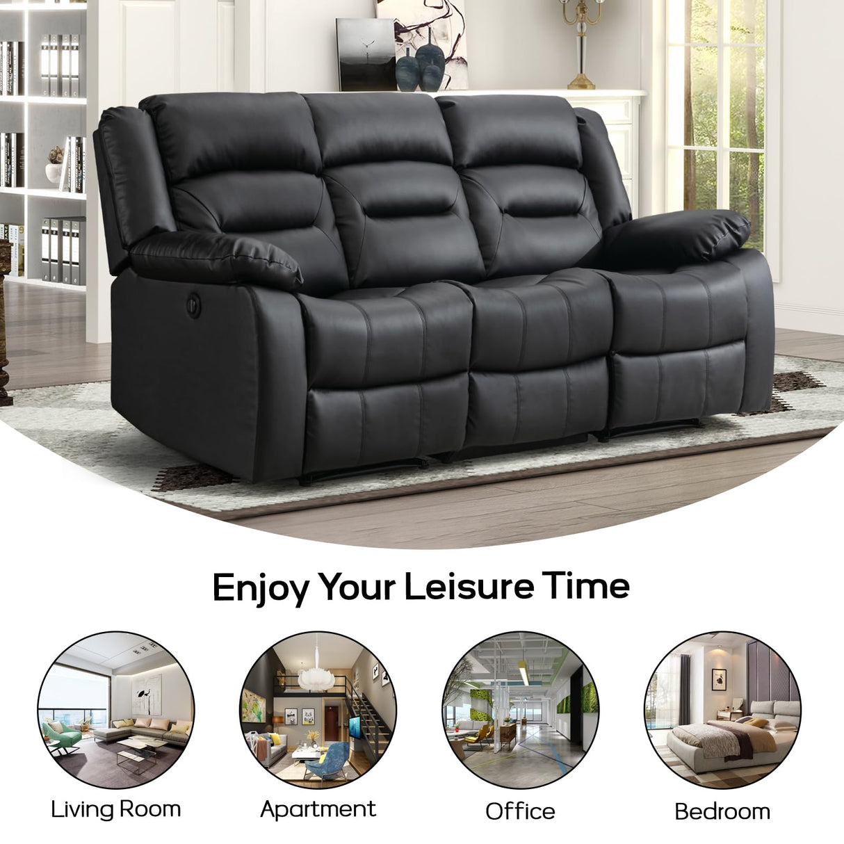 EBELLO Faux Leather Power Electric Reclining Sofa, Overstuffed Comfortable Armrest 3 Seat Recliner Sofa, Couch for Living Room, Bedroom Furniture, Meeting Room, Black (3 Seat Sofa) EBELLO