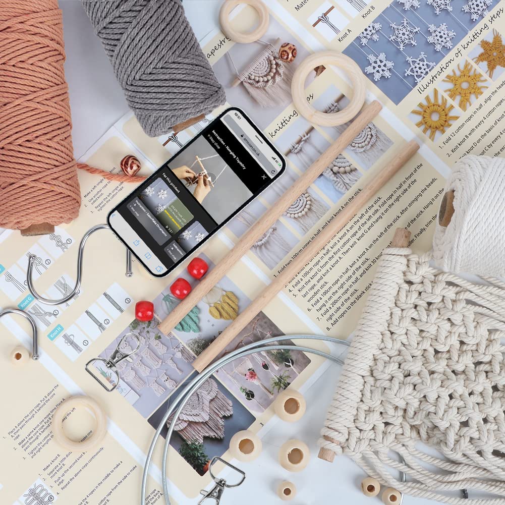 UHAPEER Macrame Kits for Adults Beginners with 656 Feet 3 mm Macrame Cotton Cord, DIY Macrame Plant Hanger Kit with Macrame Supplies and Instructions, Macrame Meads, Wooden Rings, Dream Catcher Rings UHAPEER