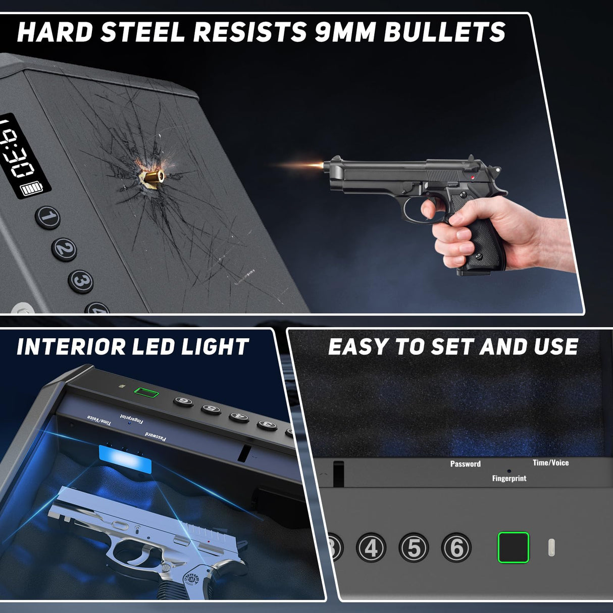 Biometric Gun Safe for Pistols Handgun Safe with Fingerprint Digital PIN Key Gun Lock Box Storage for Home Bedroom Bedside Nightstand and Car, 3-Ways unlock with Emergency Power Supply ForShine