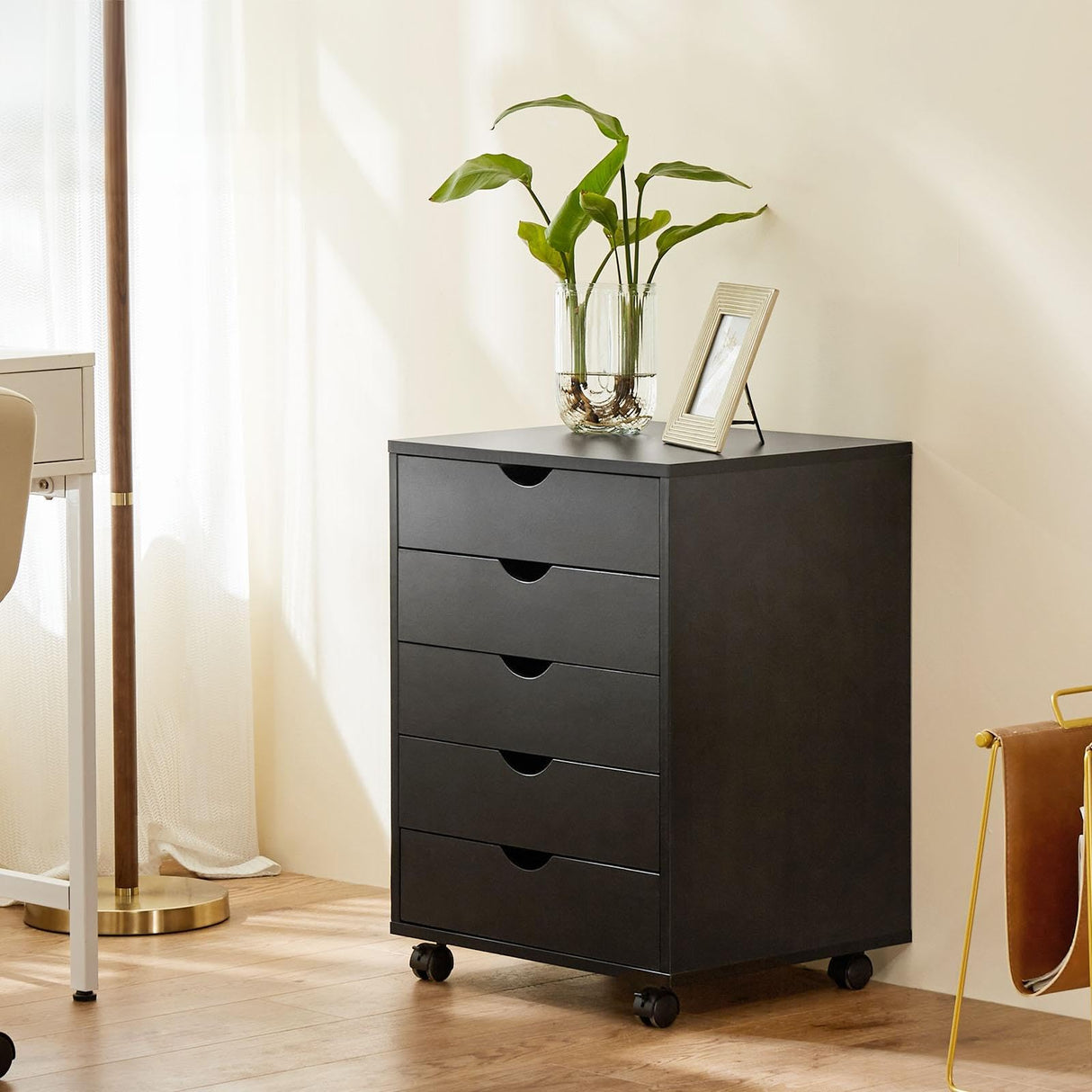 Elevon 5 Drawer Chest, Dressers Storage Cabinets Wooden Dresser Mobile Cabinet with Wheels Room Organizer, Small Drawers Wood Organization Furniture for Office, Home,Black Elevon