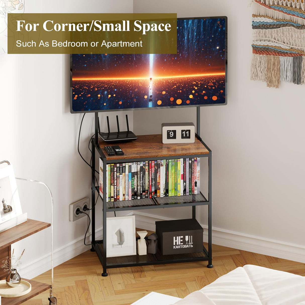 23 Inch to 50 Inch Floor Small Corner TV Stand with Storage Shelves for Living Room Bedroom, Universal Floor Television Stands with Mount, Brown TV Table Desk Shelf for Small Spaces,Patent Pending Cottage Charm