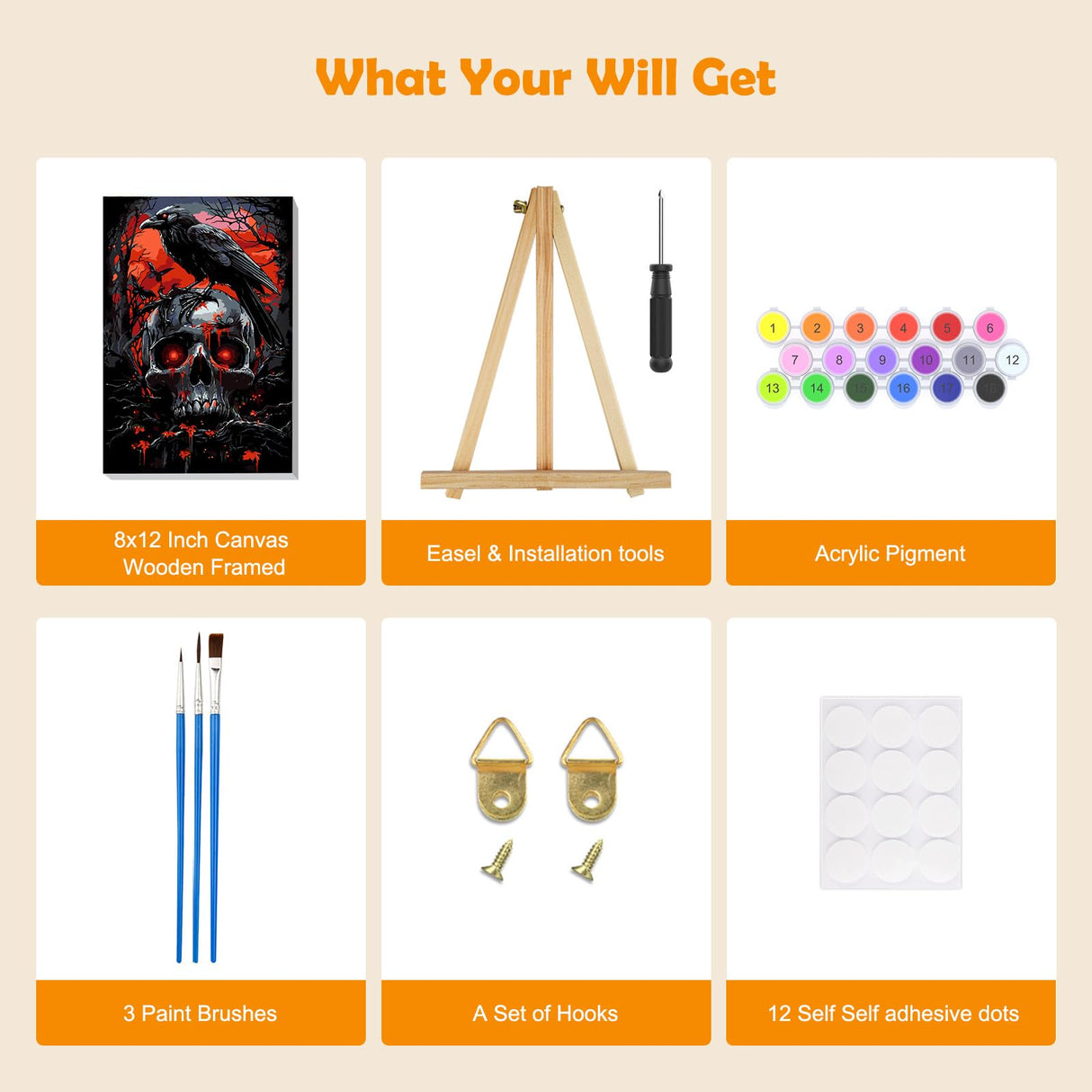 MOGTAA Halloween Paint by Numbers Kit for Adults Beginners with Frame, Skull Adult Paint by Number Kits on Canvas with Easel, Easy DIY Birds Oil Painting Kits for Home Decor, 8x12in MOGTAA