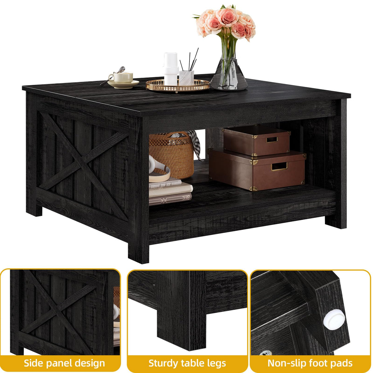 DWVO Square Coffee Table for Living Room, Farmhouse Coffee Table with Storage, 2-Tier Wood Coffee Tables Center Table with Half Open Storage Compartment, Black DWVO