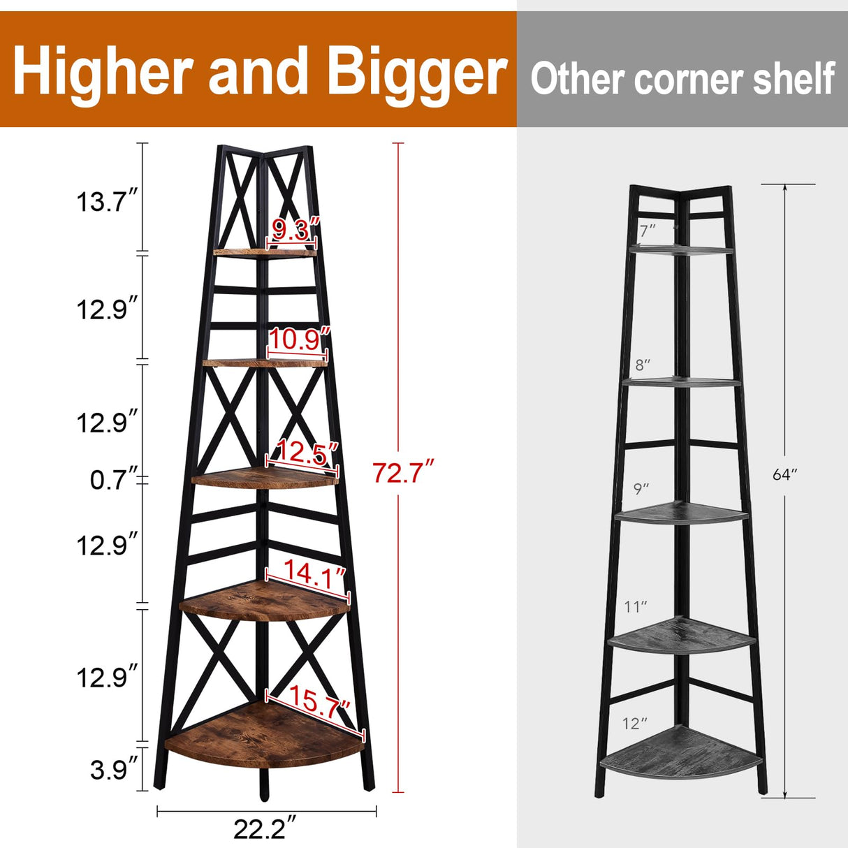 HOMBAZAAR 72-Inch Rustic Brown 5-Tier Corner Bookshelf with Metal Frame HOMBAZAAR