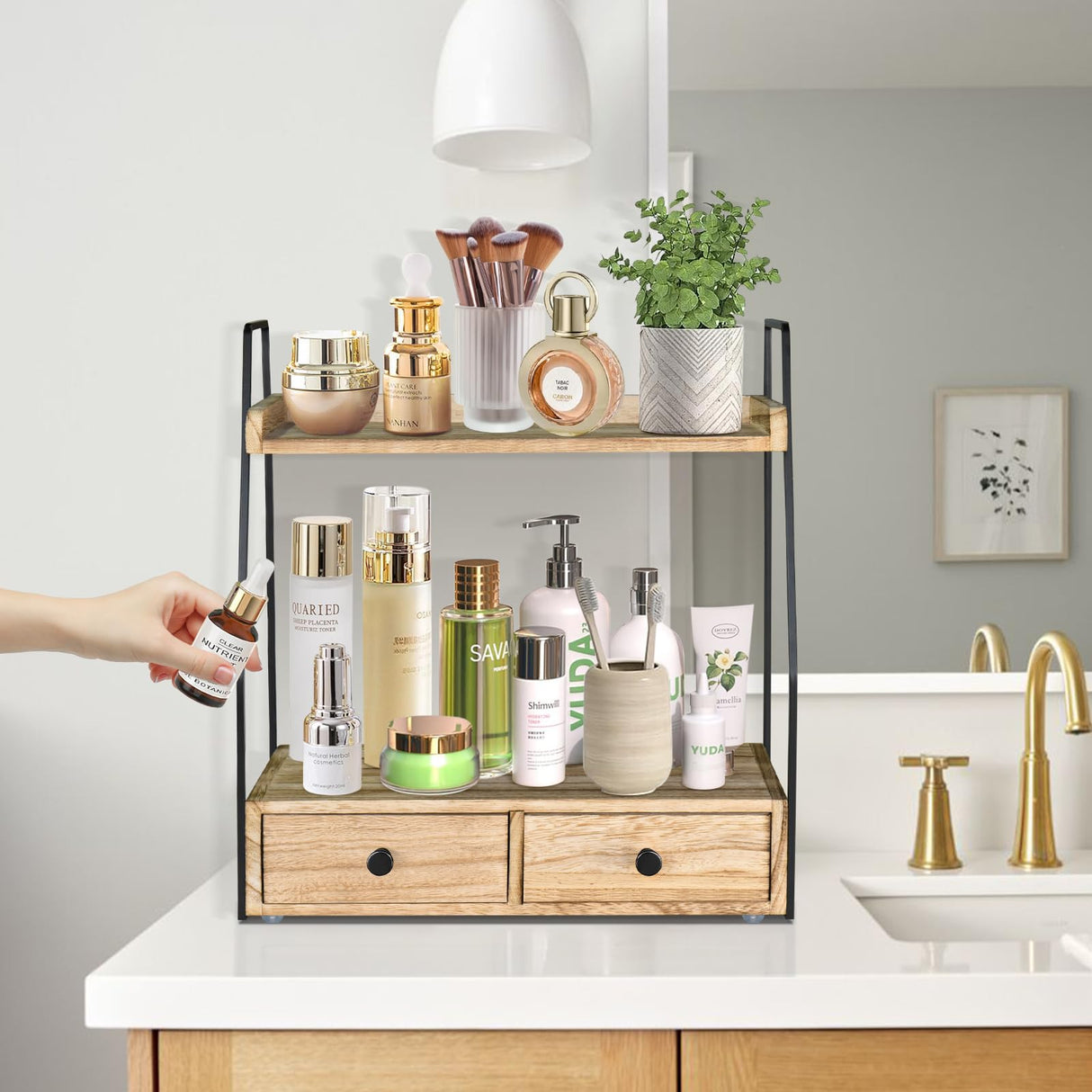 Bathroom Counter Organizer with Drawer, Countertop Makeup Organizer for Vanity, Wood Tray for Perfume Skincare Organizer, 2-Tier Multi-Purpose Shelf for Kitchen Bathroom Organizers and Storage Lzhevsk