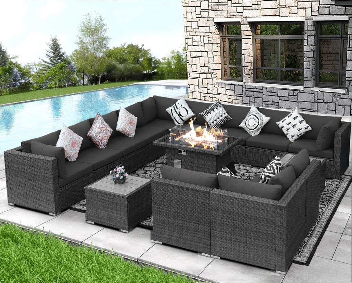 NICESOUL 15 Piece Outdoor Patio Furniture Set with Fire Pit, Extra Large Wide Outdoor Deep Seated Sectional, Cozy 29.3'' High-Back Modular Couch, 500 Lbs High Weight Capacity Wicker Sofa, Dark Gray NICESOUL