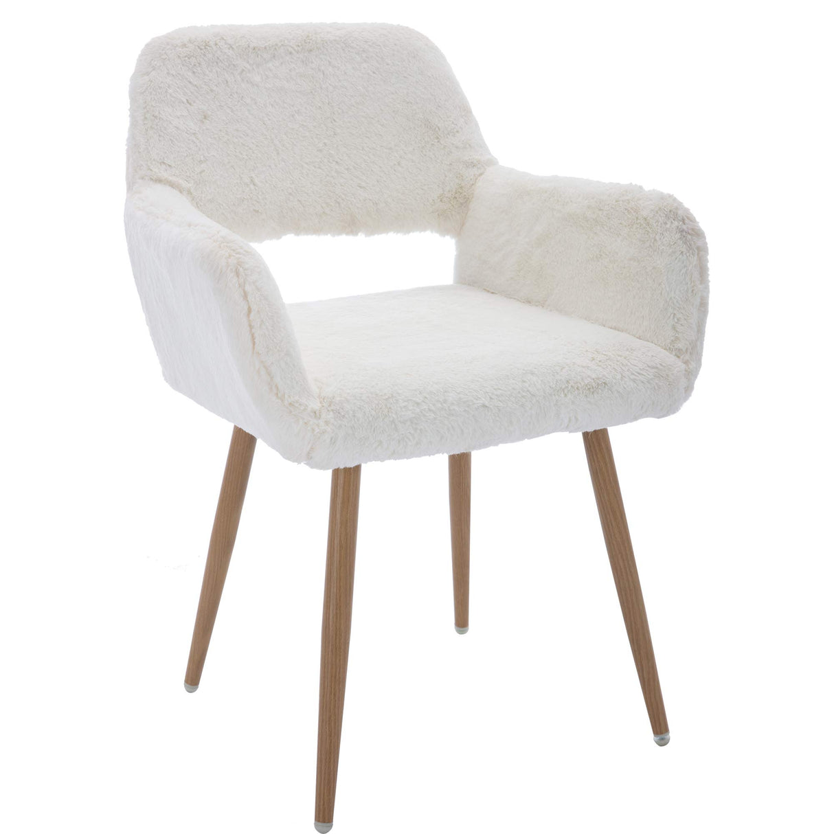 KCC Furry Desk Chair, Mid-Century Modern Accent Comfy Armchair with Faux Fur for Teen Girls, Wood Look Metal Legs Living Dining Room, Home Vanity Makeup Office No Wheel, White. KCC