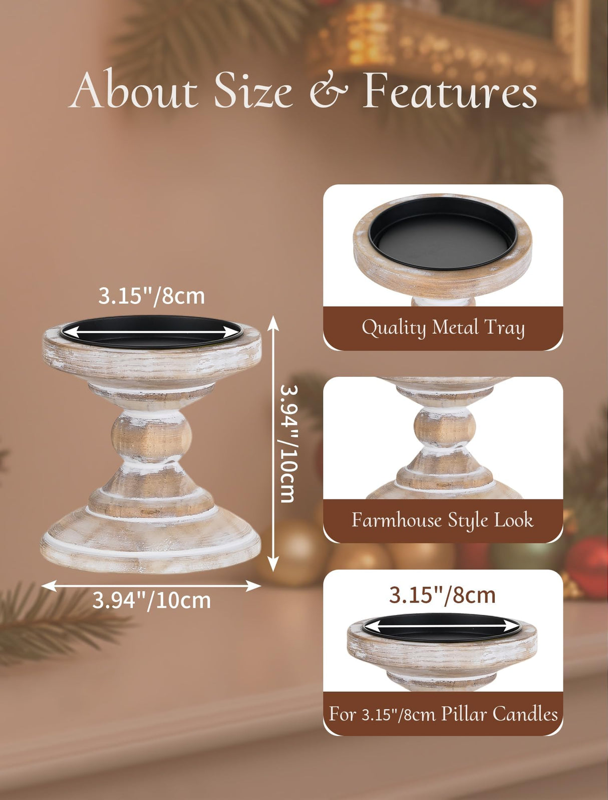 Inweder Wood Pillar Candle Holder: 2Pcs Rustic White Candle Holders for Pillar Candles Wood Candle Holders Distressed Wooden Farmhouse Candle Holder Large Rustic Candle Holder for Fireplace Table Inweder