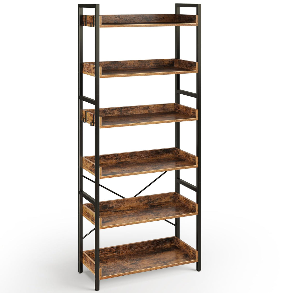 Rolanstar Bookshelf 6 Tier with 4 Hooks, Industrial Wood Bookcase, Vintage Storage Rack with Open Shelves, Rustic Standing Bookshelves Metal Frame Display Rack for Living Room, Bedroom, Rustic Brown Rolanstar