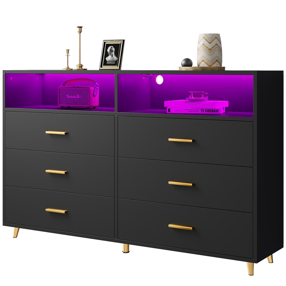 EnHomee Black Dresser with LED Lights, Wood Dresser for Bedroom with Wide Large Drawers and Metal Handles, Elegant Chest of Drawers for Clothes Storage Living Room Hallway Entryway, 47.2" W EnHomee