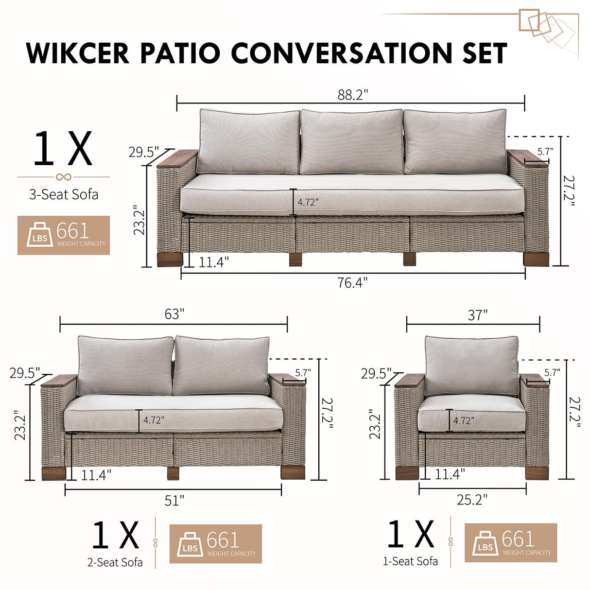 PaPaJet 6-Piece Patio Furniture Set, Wicker Patio Conversation Set with Solid Wood Armrests &Thick Legs, UV-Resistant Outdoor Sectional Sofa for Backyard, Porch, Garden(88"+63"+37") PaPaJet