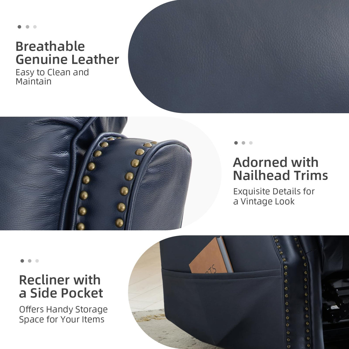 HULALA HOME Genuine Leather Recliner with One-Button Reset, Power Recliner with Electric Lumbar Support and Headrest, Traditional Swivel Rocker Recliner with USB Port and Storage Pocket, Navy HULALA HOME