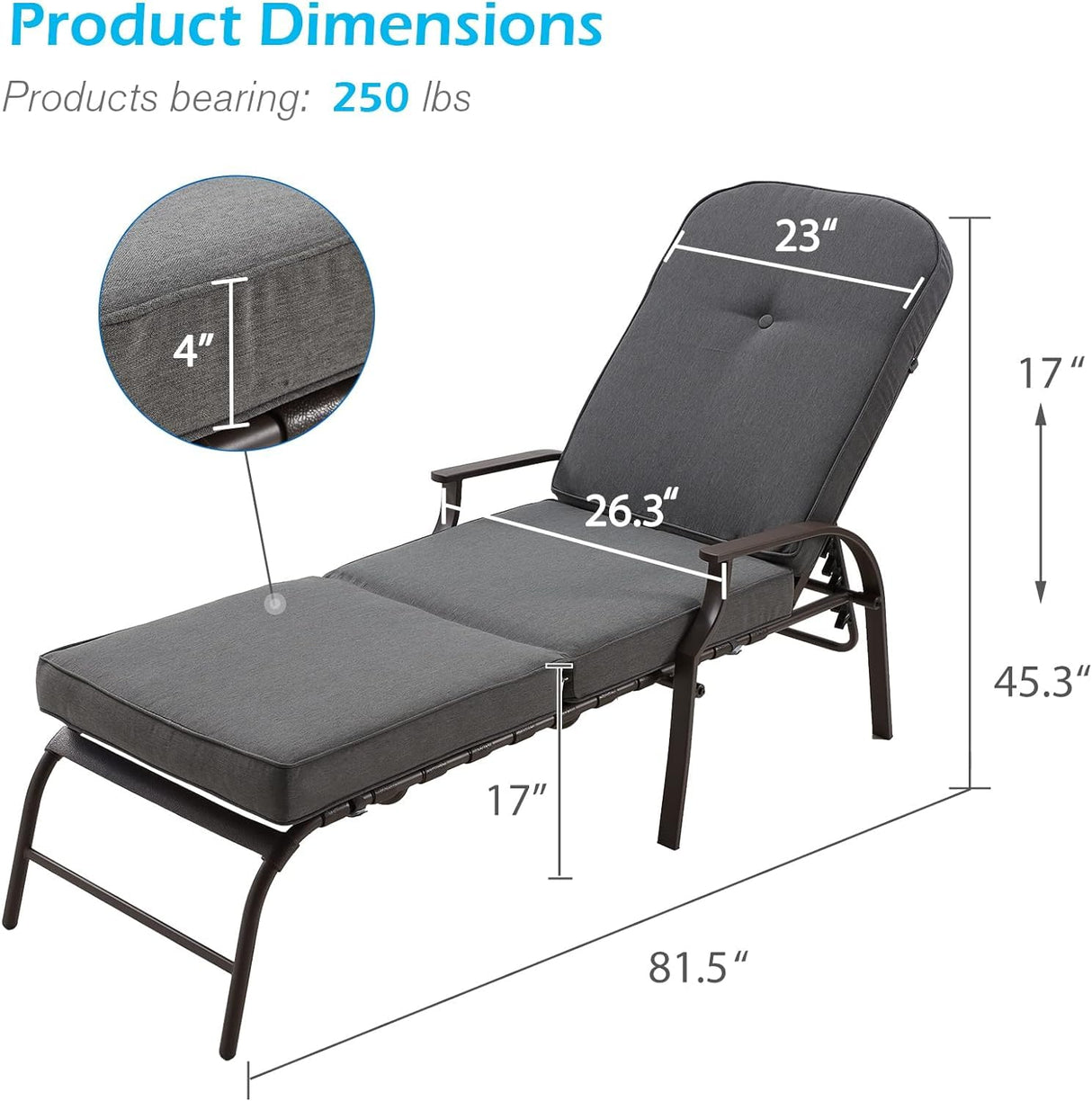 U-MAX Set of 2 Adjustable Outdoor Chaise Lounge Chair Patio Lounge Chair Recliner Furniture with Armrest and Cushion for Deck, Poolside, Backyard (Grey) U-MAX