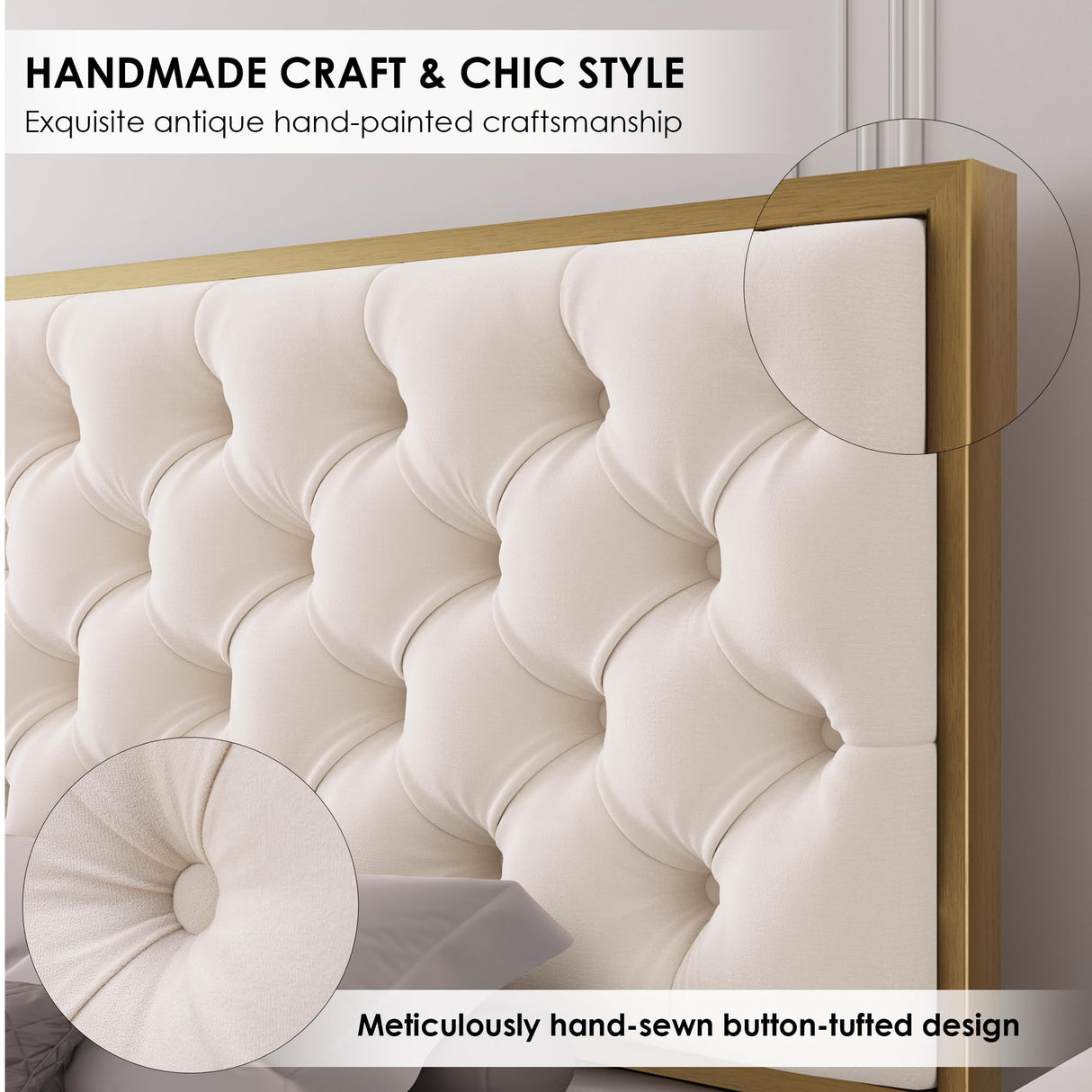 HIFIT Full Upholstered Bed Frame with 4 Storage Drawers and Handmade Button Tufted Headboard, Modern Velvet Full Size Platform Storage Bed with Solid Wooden Slat, No Box Spring Needed, Golden & Beige HIFIT