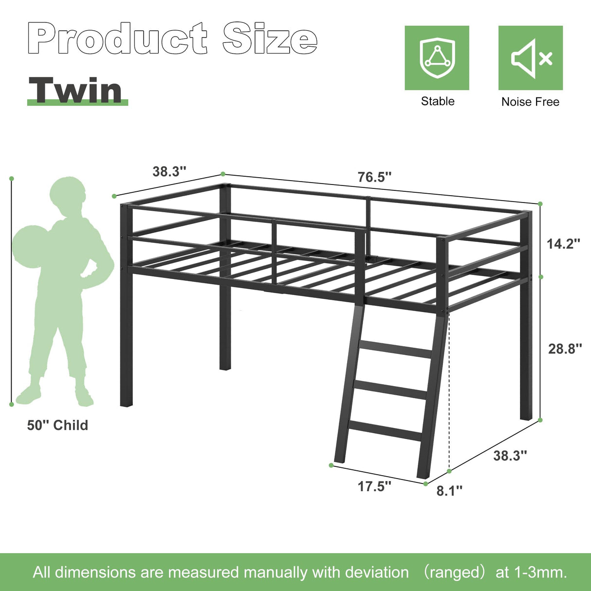 Lutown-Teen Low Loft Bed Twin Size, Junior Metal Twin Loft Bed with Stairs and Safety Guard, Noise Free for Small Bedroom, Black Lutown-Teen
