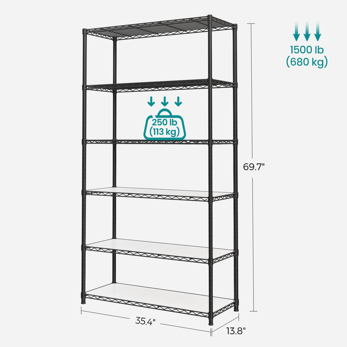 SONGMICS 6-Tier Storage Shelves, Wire Shelving Unit, Kitchen Metal Shelves, Storage Rack with Adjustable Shelves, Shelf Liners, 8 Hooks, for Garage, 13.8 x 35.4 x 69.7 Inches, Black ULGR096B01 SONGMICS