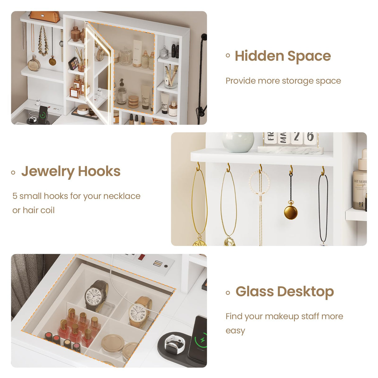 AOGLLATI Makeup Vanity with Lights in 3 Colors, White Vanity Desk with Mirror and Lights, Vanity Table with Charging Station, Makeup Desk with Visible Drawers, Hidden and Open Storage Shelves AOGLLATI