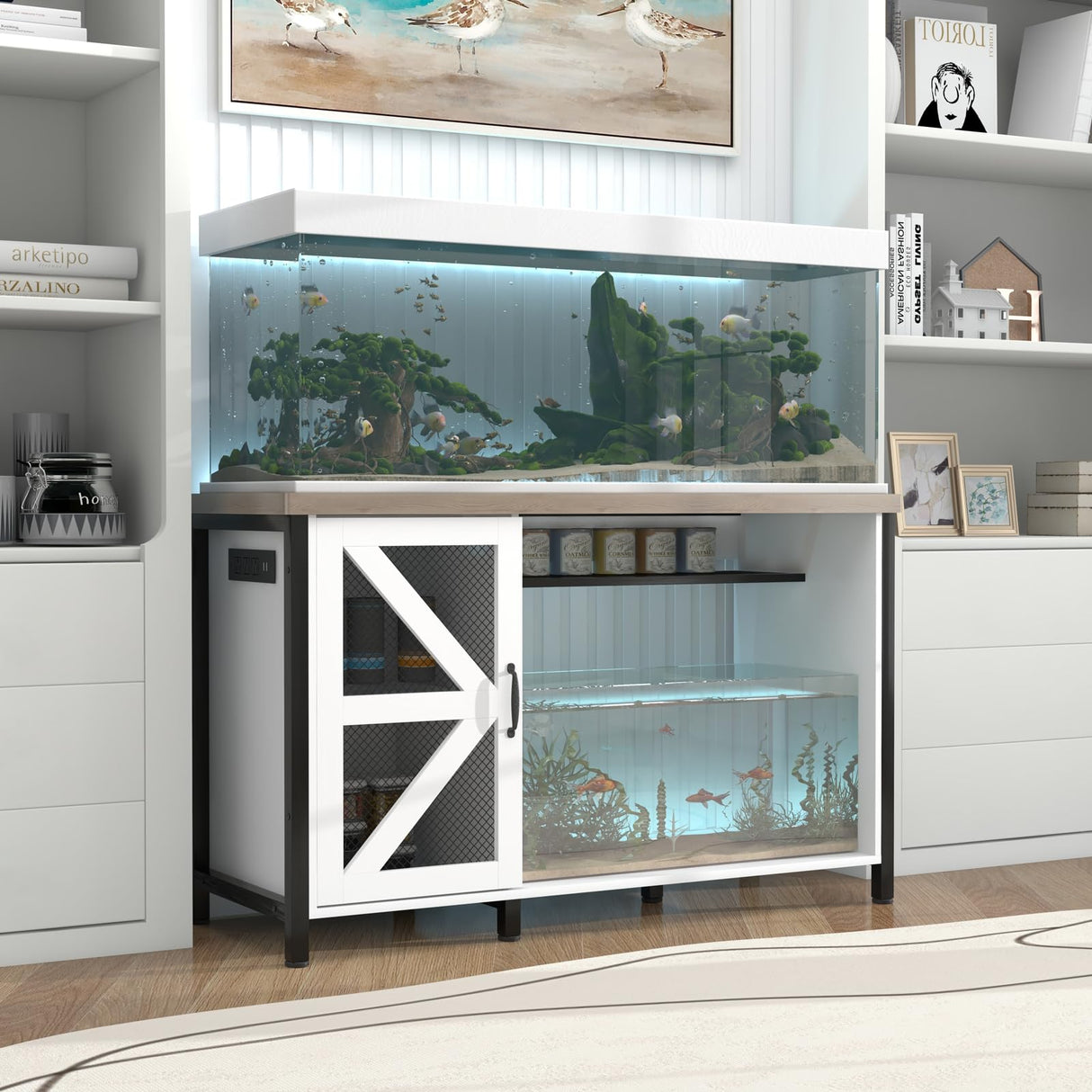 OC Orange-Casual 55-75 Gallon Aquarium Stand with Power Outlets & LED Light, Fish Tank Stand with Cabinet for Fish Tank Accessories Storage, Heavy Duty Metal Frame, 1100LBS Capacity (White) OC Orange-Casual