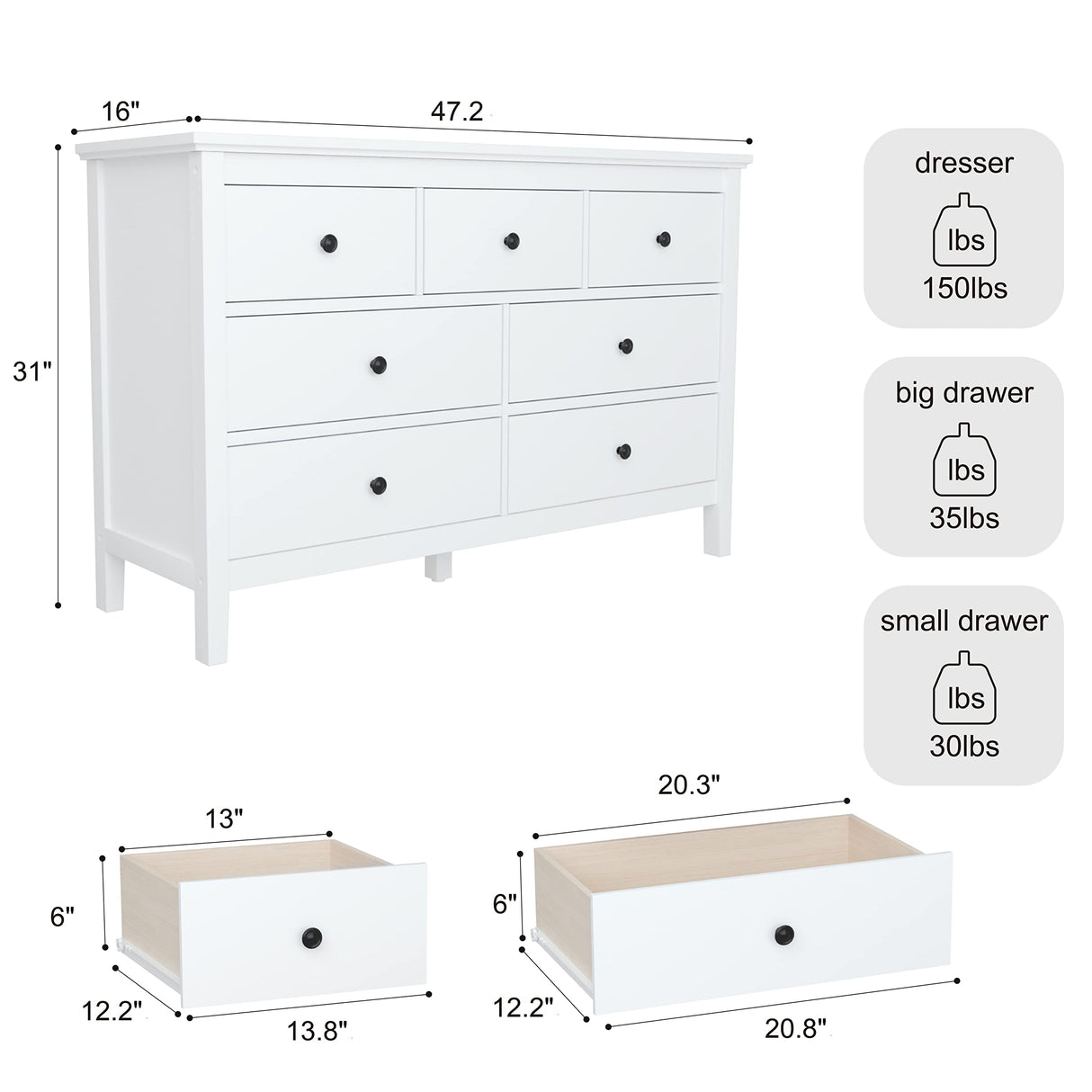 CARPETNAL White Modern Dresser for Bedroom, 7 Drawer Double Dresser with Wide Drawer and Metal Handles, Wood Dressers & Chests of Drawers for CARPETNAL