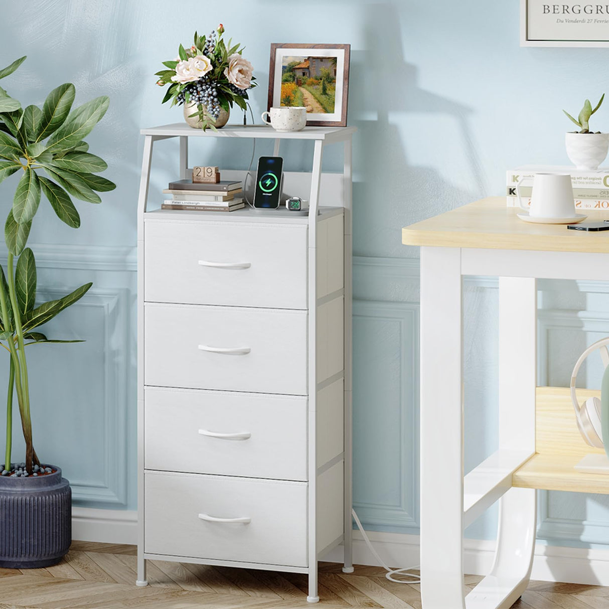 Somdot White Nightstand with Charging Station and LED Light for Bedroom, Tall 4 Drawers Dresser with Fabric Bins for Bedside Kids Dorm Room Closet Laundry Entryway, White Leather Somdot