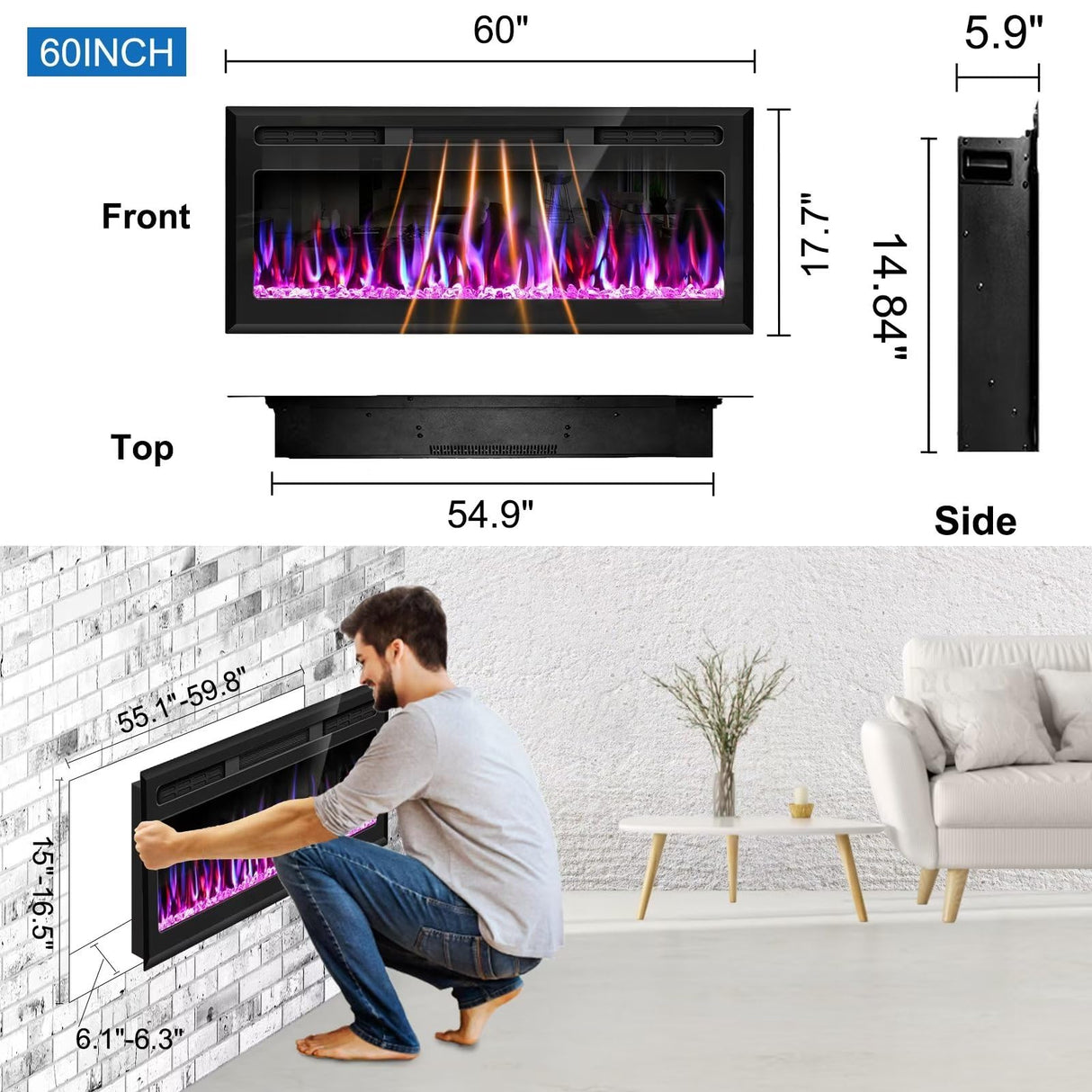 Hocookeper 60 inch Electric Fireplace, Wall Mounted and Recessed Fireplace Linear Fireplace Insert with Remote Control, Adjustable Flame Colors, Timer,750w/1500w, Black Hocookeper