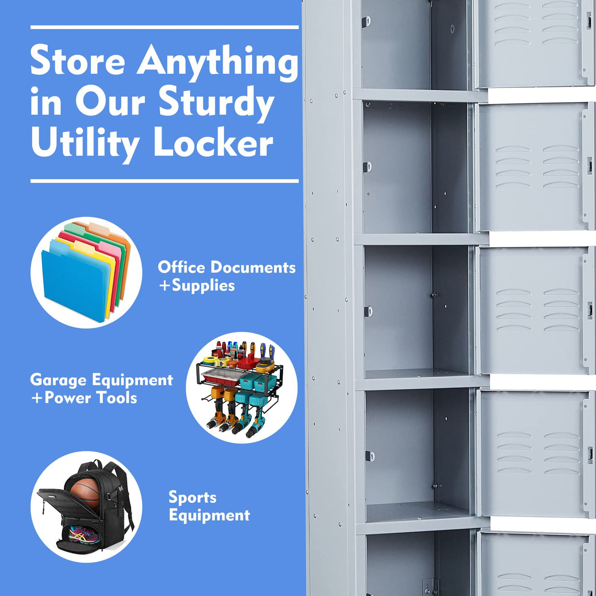 Yizosh Metal Locker with 5 Doors, Tall Steel Storage Lockers for Employees - 5 Tier Locker Storage Cabinets for School, Gym, Home, Office, Garage Yizosh