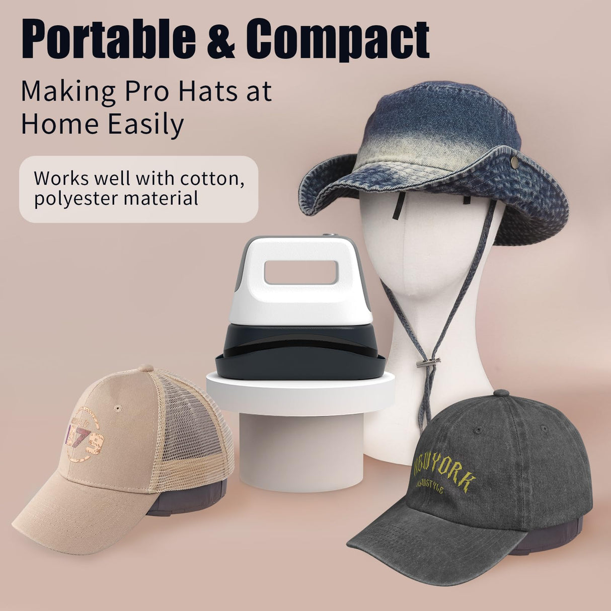 UOKRR Hat Press, Mini Hat Heat Press Machine for Caps & Patches, Portable Handheld Cap Easy Press Machine with 3 Heating Levels, Auto-Off & 6.3"x3.3" Curved Heating Plate UOKRR