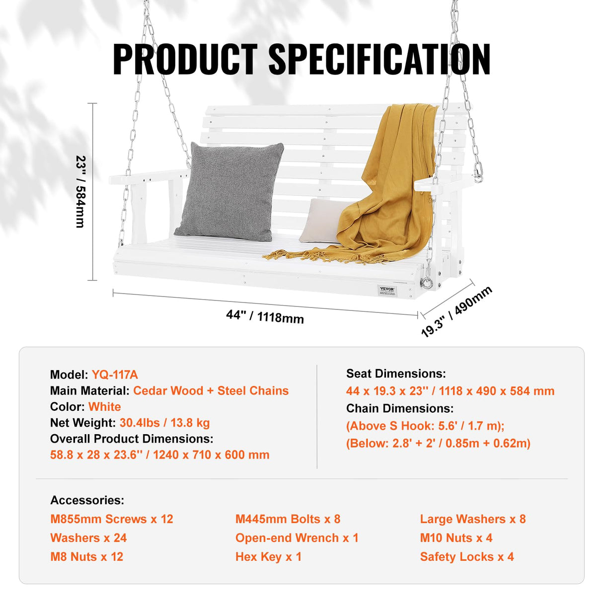 VEVOR Wooden Porch Swing 4 ft, Patio bench swing for Courtyard & Garden, Upgraded 880 lbs Strong Load Capacity, Heavy Duty Swing Chair Bench with Hanging Chains for Outdoors, White VEVOR