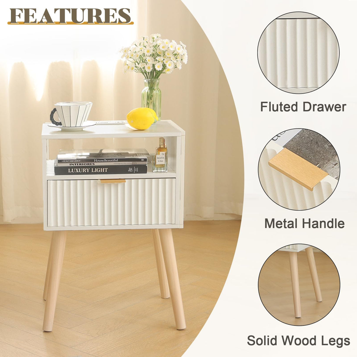 Fultyle White Nightstand with Charging Station, Modern Bedside Table with Drawer and Solid Wood Legs, Fluted End Side Table for Bedroom, Living Room, Small Space (White) Fultyle