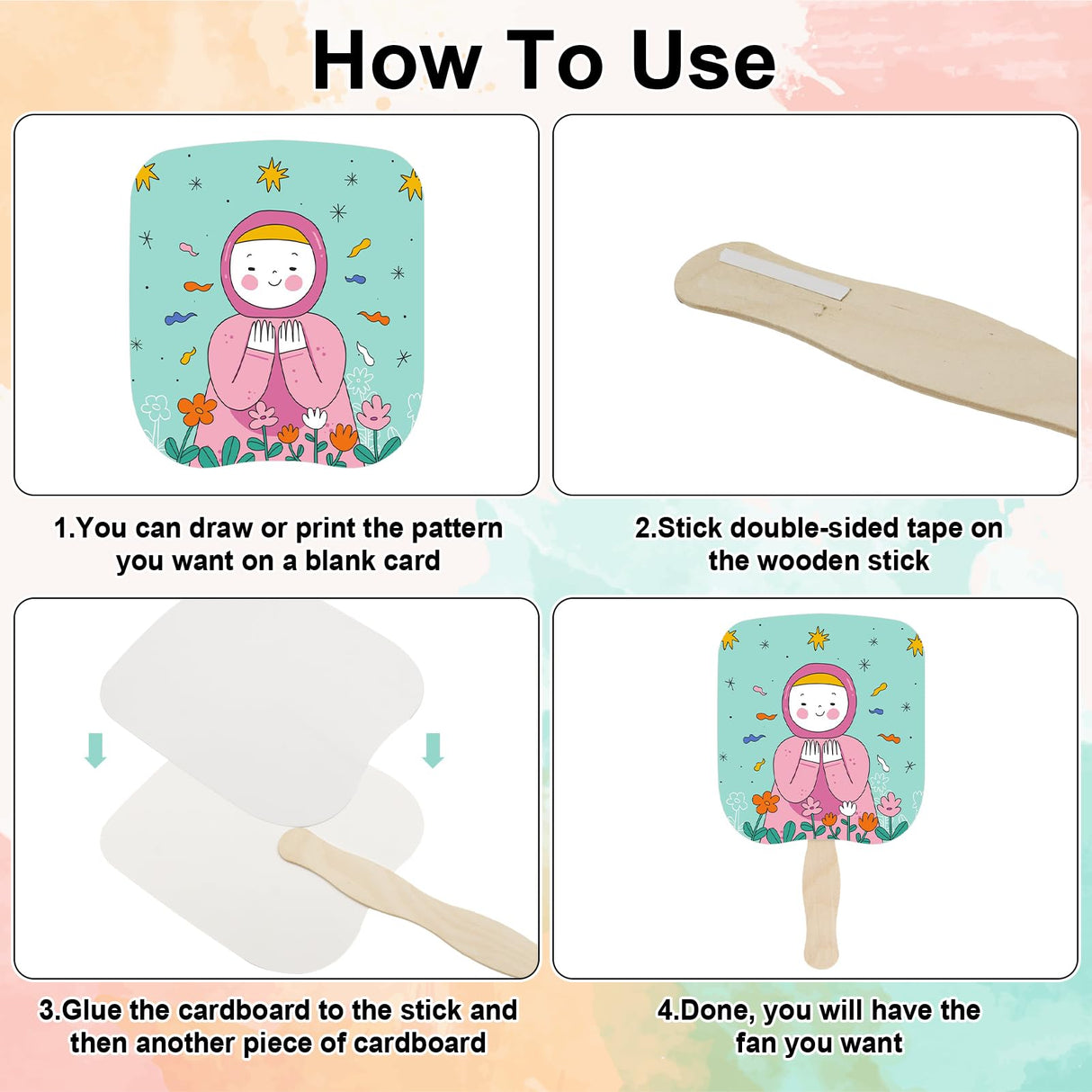 LOTMER 150 Pcs Church Fans Handheld Set, 100 Sheet Double Sided Paper Church Fans with 50 Pcs Wavy Wooden Sticks, Double Sided Paper Church Fans for DIY Crafting Painting (6.5X7.25in) LOTMER