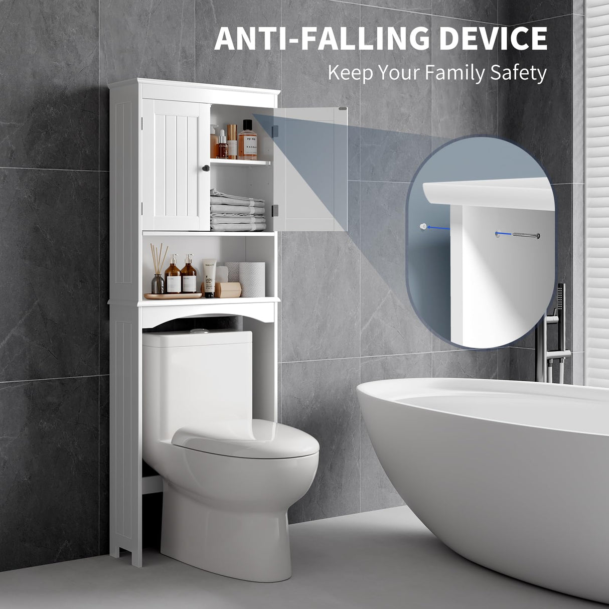 Bealife Over The Toilet Storage Cabinet with Open Shelf, Organizer with Adjustable Shelf and Double Doors,Over The Toilet Storage Shelf Free Standing- White Bealife