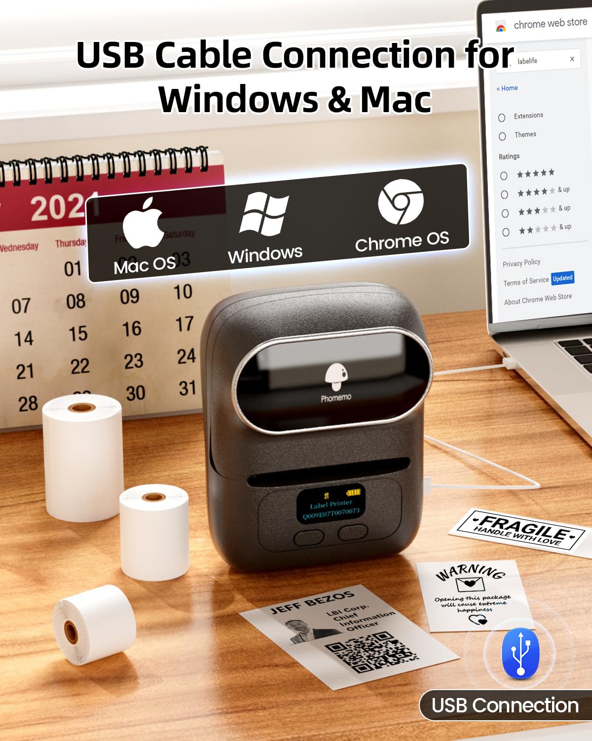Phomemo Label Maker - M110 Address Label Printer Bluetooth Thermal Printer for Business, Office, School, Home-use, Barcode, Logo, Clothing Label, with 3 Label, Black Phomemo