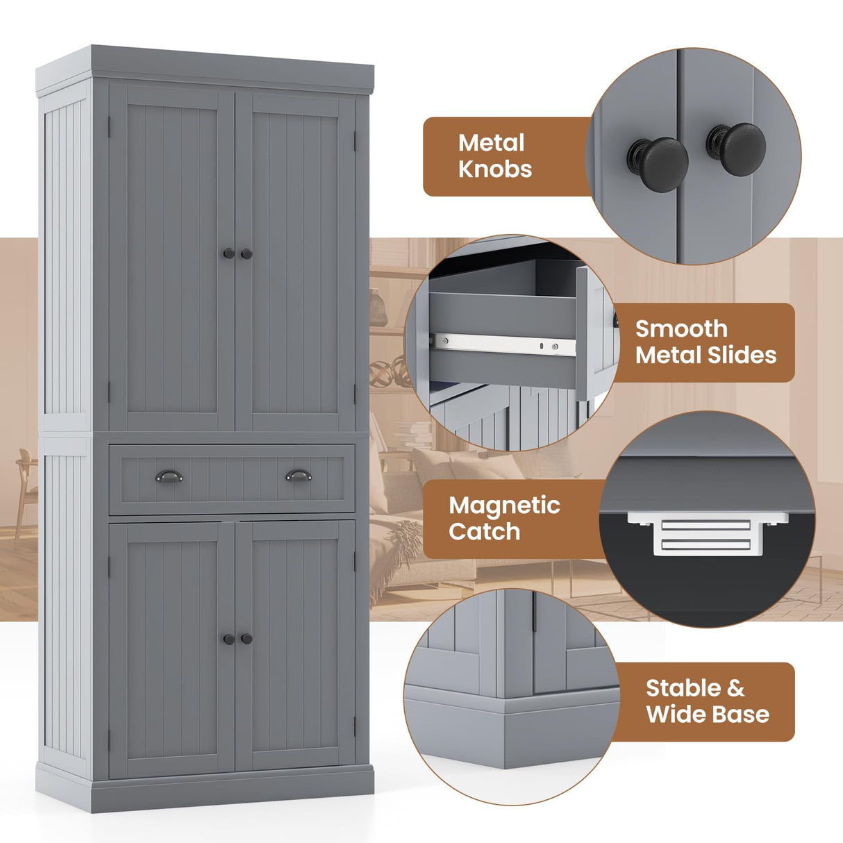 Giantex Pantry Organizers and Storage, 72" Tall Kitchen Cabinet with 2-Door Cabinets & Drawer, Buffet Sideboard w/Adjustable Shelves, Wooden Freestanding Cupboard for Dining Room Living Room (Grey) Giantex