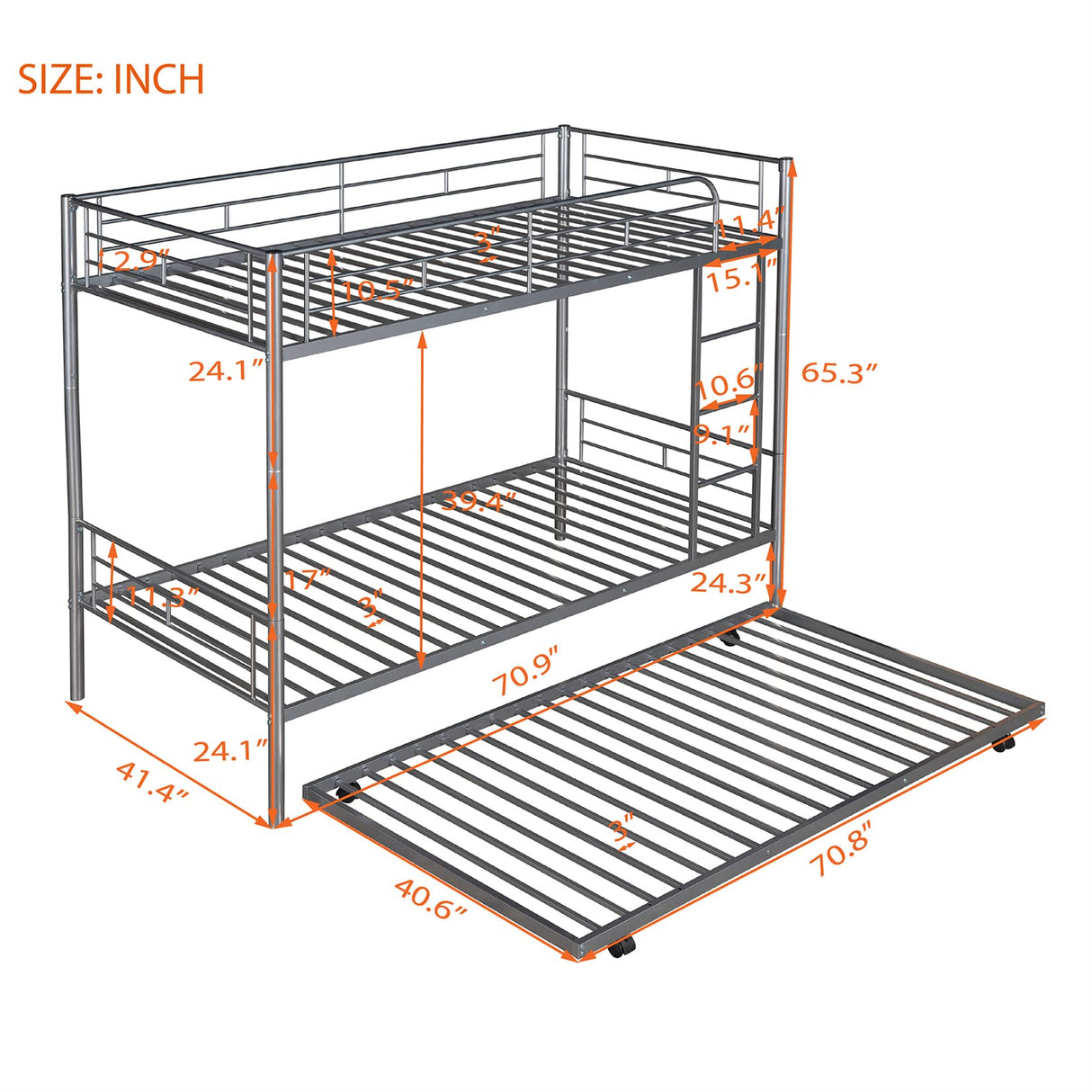 Metal Bunk Bed with Trundle Twin Over Twin Bunk Bed Frame with Ladder and Safety Rails for Kids Triple Metal Bunk Can be Divided into Two beds, Silver Bellemave