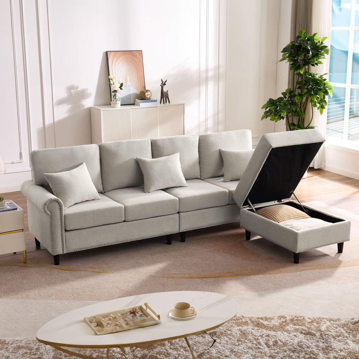 EDWINENE Convertible Sectional Couch Sofa for Living Room, Reversible L Shaped Couch with Chaise, 4-Seat Modular Large Couches with Storage Ottoman & 3 Pillows, Light Grey EDWINENE