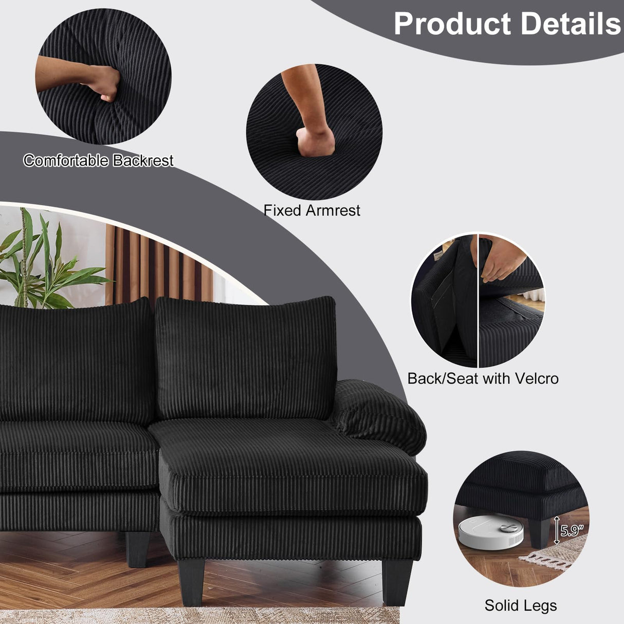 Karl home U-Shape Sectional Sofa Couch 111" Modern 4-Seat Sofa with Chaises Corduroy Fabric Upholstered Covertible Couch with Wood Grain Legs for Living Room, Reception Room, Apartment, Black Karl home